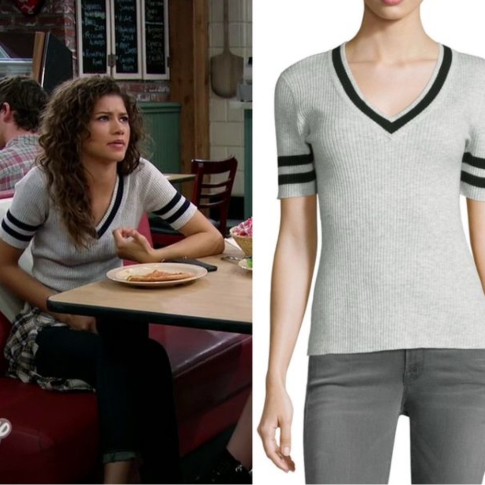 Frame Shirt Gray V-Neck Sweater Blue Stripes Preppy Varsity Wool Cotton Blend XS